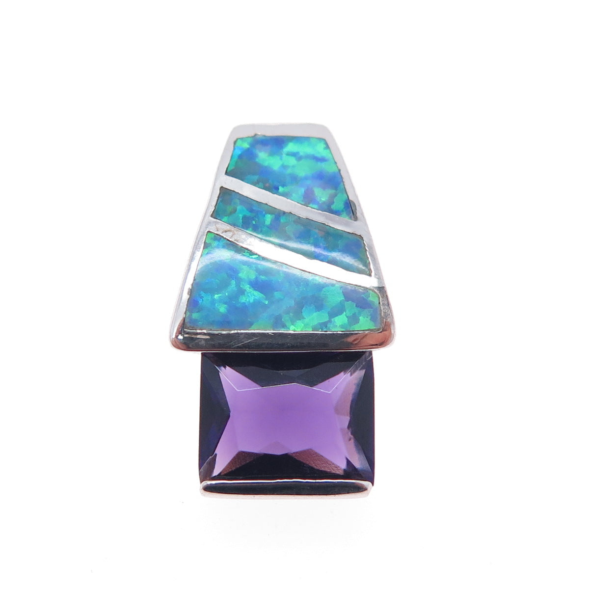 925 Sterling Silver Vintage Real Opal & Amethyst Mini Slide Charm Pendant