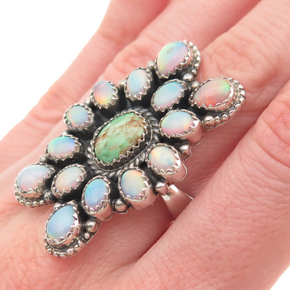 925 Sterling Silver Vintage Real Turquoise & Opal Adjustable Ring Size 7.5