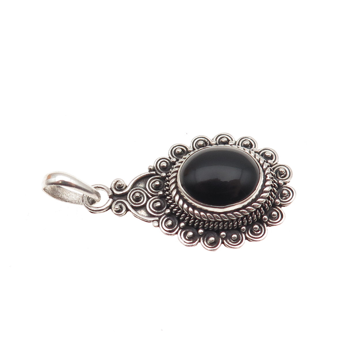 925 Sterling Silver Vintage Real Black Onyx Swirl Beaded Oxidized Charm Pendant