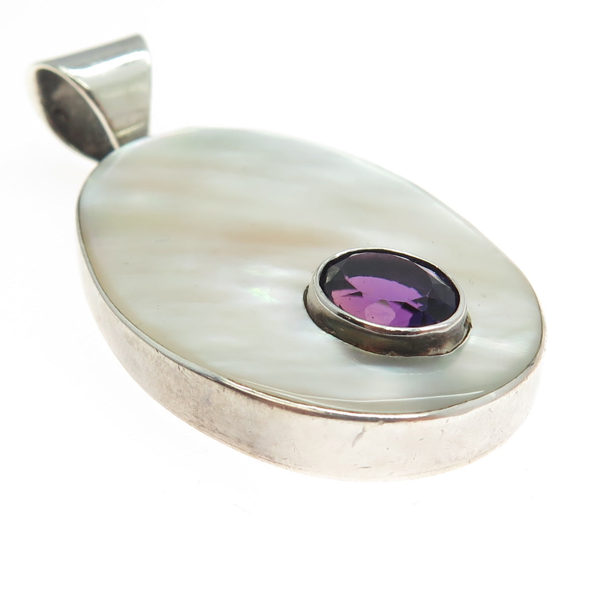 925 Sterling Silver Vintage Real Amethyst & MOP Oval Pendant