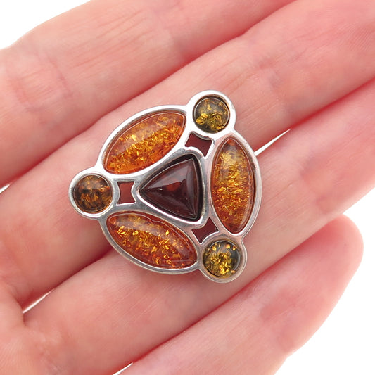 925 Sterling Silver Vintage Poland Real Multi-Color Amber Pin Brooch