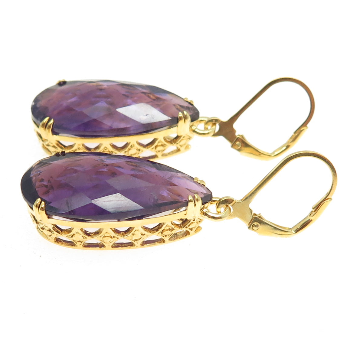 925 Sterling Silver Gold Plated Real Pear-Cut Amethyst Dangling Earrings