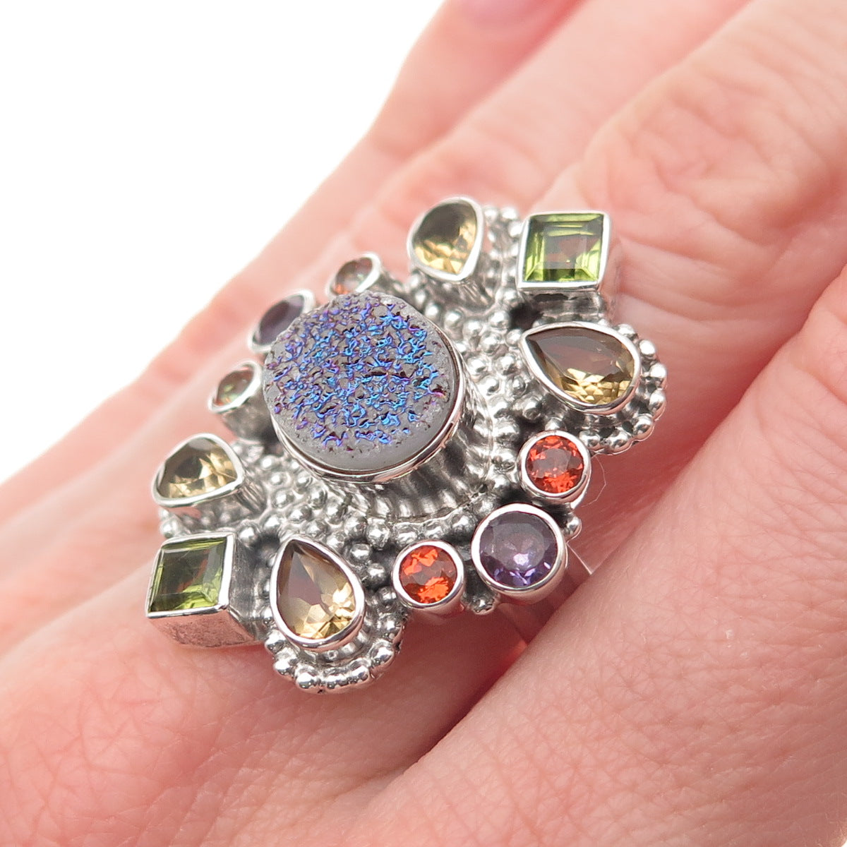 Nicky Butler 925 Sterling Silver Vintage Real Druzy & Multi-Gem Ring Size 8