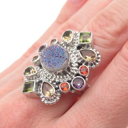 Nicky Butler 925 Sterling Silver Vintage Real Druzy & Multi-Gem Ring Size 8