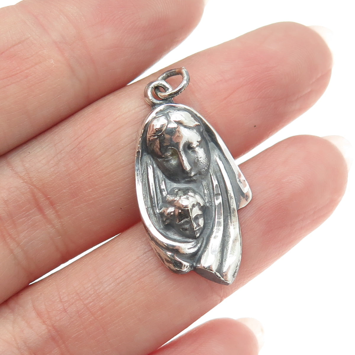 925 Sterling Silver Antique Art Deco St. Mary & Baby Jesus Religious Pendant