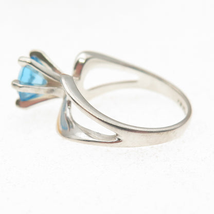 925 Sterling Silver Vintage Real Round-Cut Blue Topaz Modernist Ring Size 6.25
