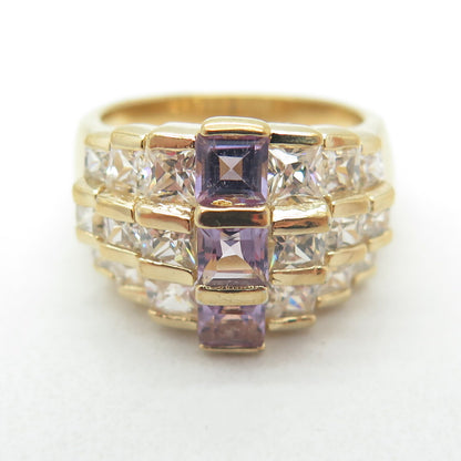925 Sterling Silver Gold Plated Real Princess-Cut Amethyst & C Z Ring Size 4.75