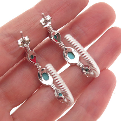 925 Sterling Silver Real Turquoise Station Hoop Earrings