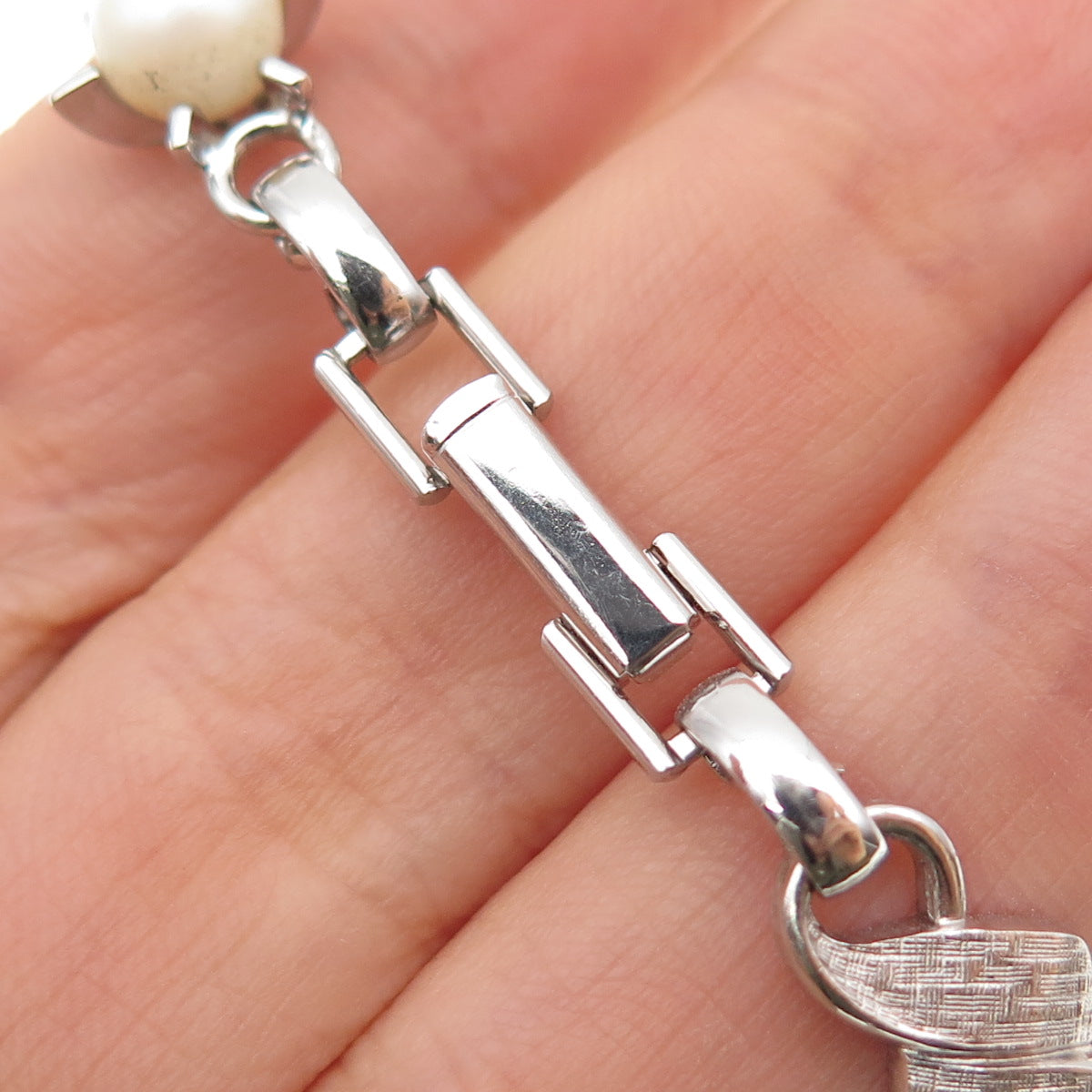 LAMODE 925 Sterling Silver Antique Art Deco Real Pearl Bracelet 6.75"