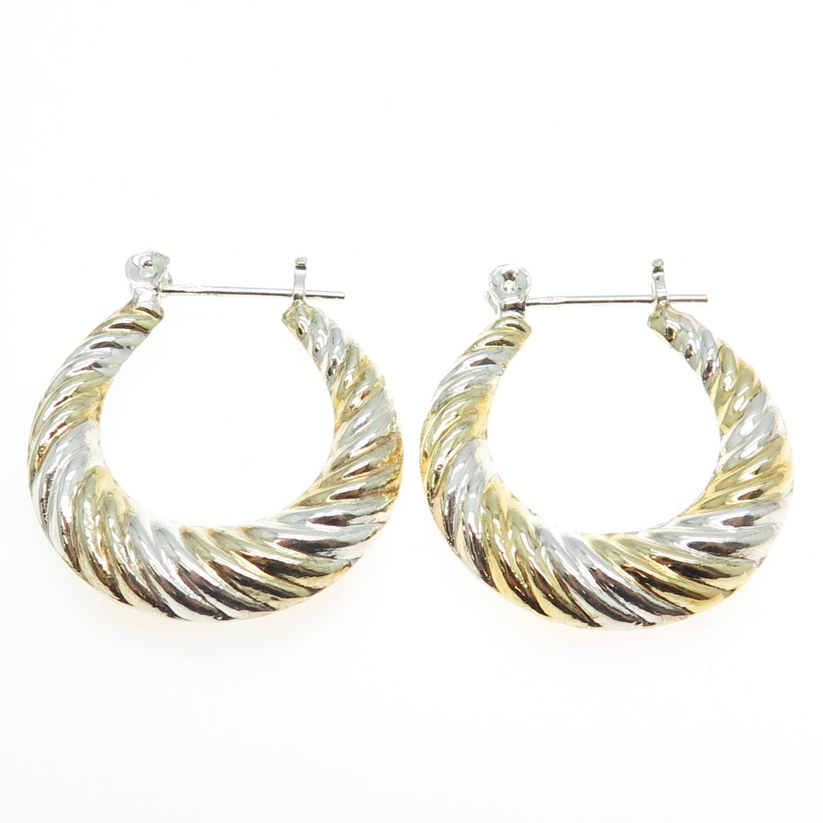 925 Sterling Silver 2-Tone Ribbed Hinged Hoop Earrings