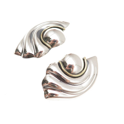 925 Sterling Silver 2-Tone Vintage Mexico Modernist Clip On Earrings