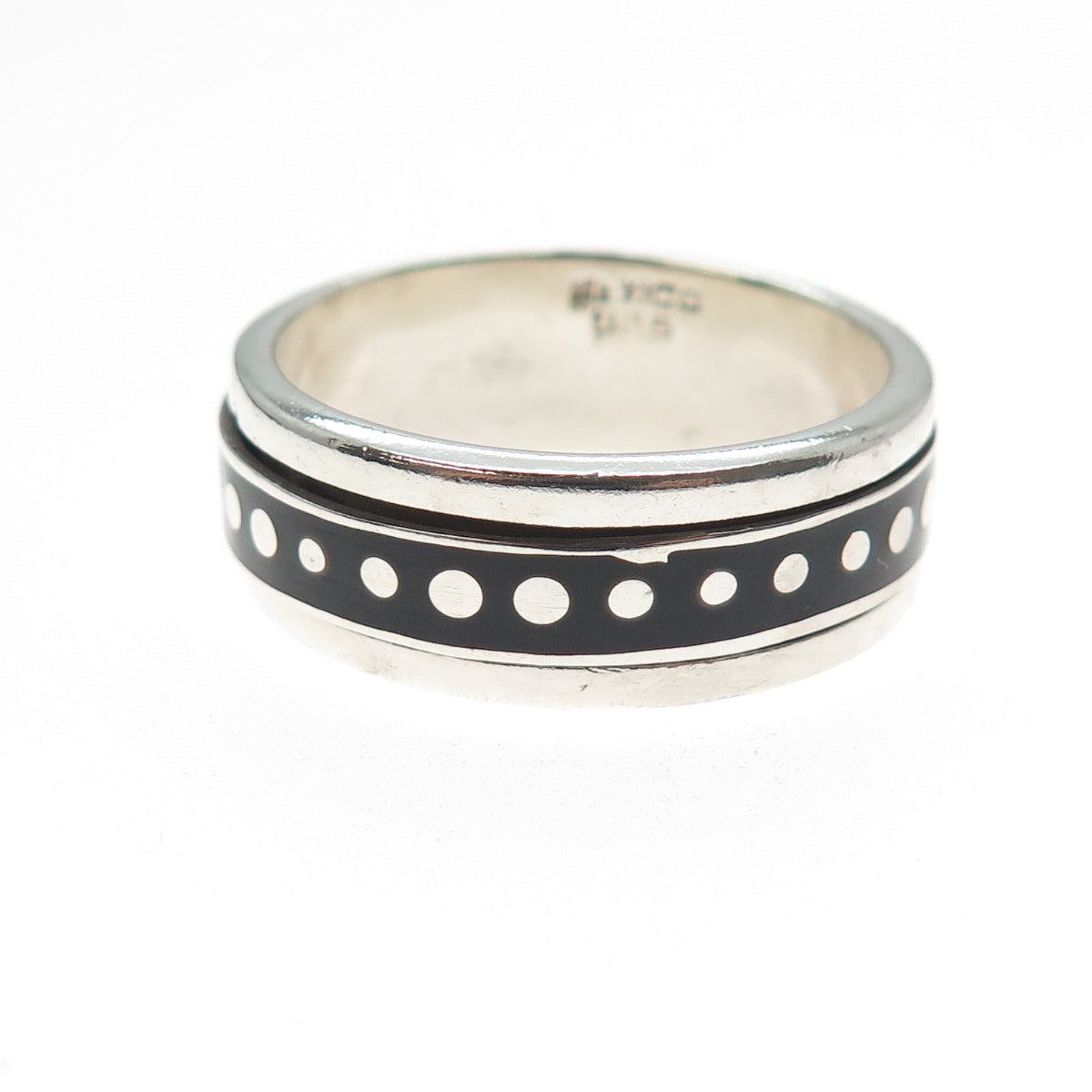 925 Sterling Silver Vintage Mexico Enamel Rotating Dotted Band Ring Size 15