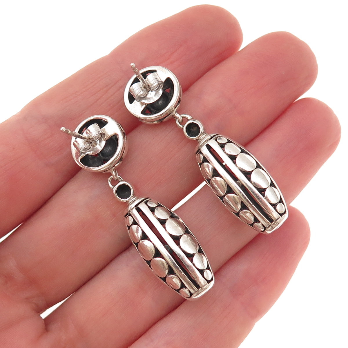 925 Sterling Silver Vintage Dotted Oxidized Dangle Earrings