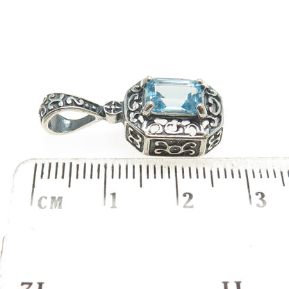 925 Sterling Silver Vintage Real Emerald-Cut Blue Topaz Oxidized Pendant