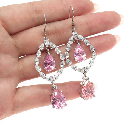 925 Sterling Silver White & Pink C Z Chandelier Dangle Hook Earrings