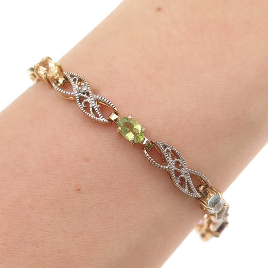 925 Sterling Silver Gold Plated Real Diamond & Multi-Gem Infinity Bracelet 7.25"