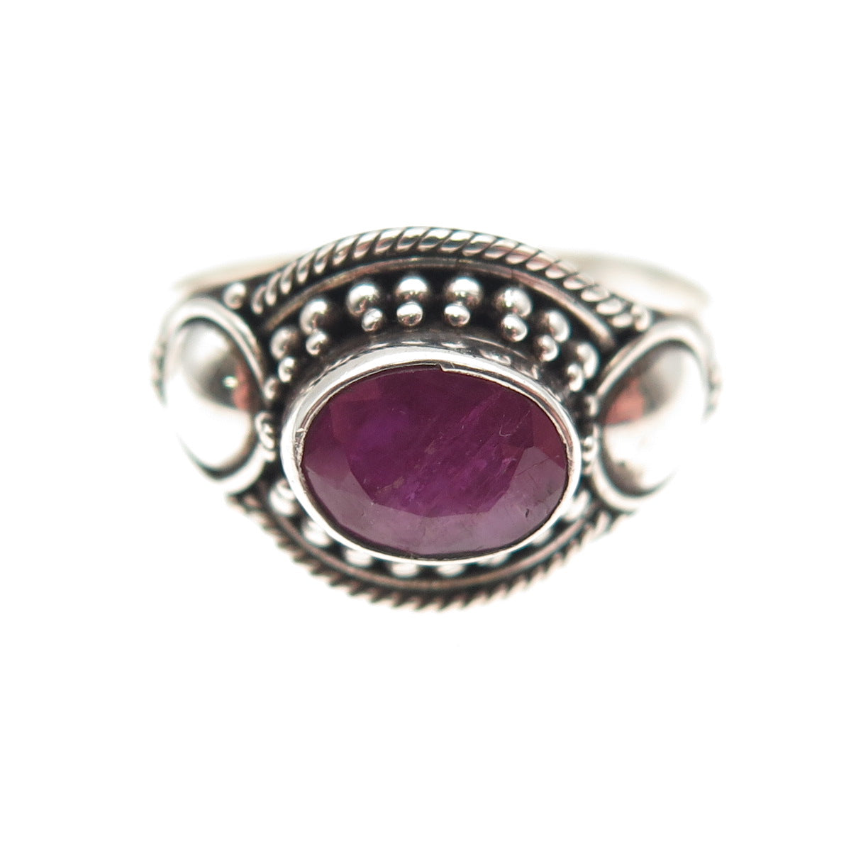 925 Sterling Silver Vintage Real Oval-Cut Ruby Beaded Oxidized Ring Size 7.75