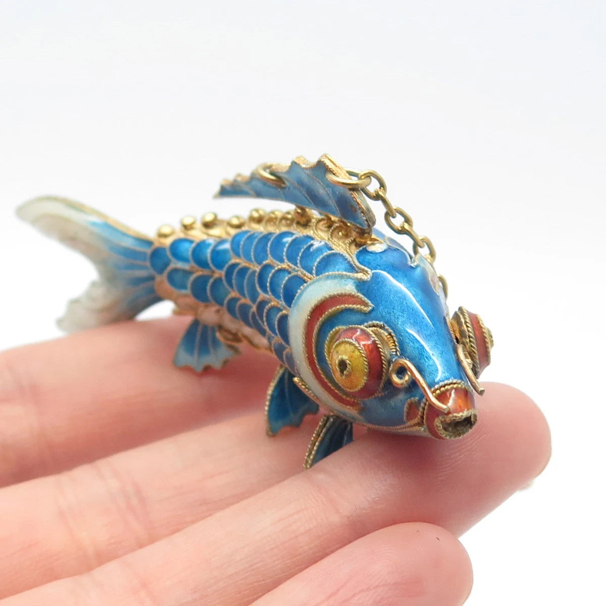 925 Sterling Silver Gold Plated Enamel Antique Chinese Koi Fish Chatelaine Fob
