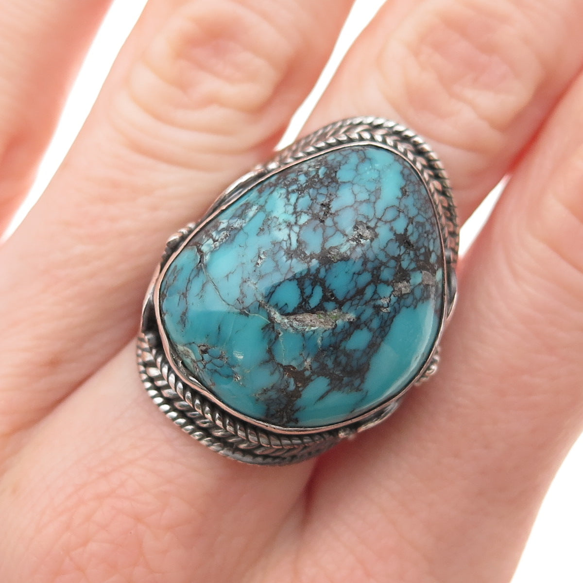 925 Sterling Silver Vintage Real Peacock Turquoise Oxidized Ring Size 8.75