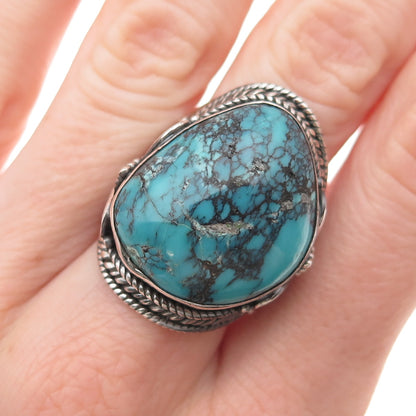 925 Sterling Silver Vintage Real Peacock Turquoise Oxidized Ring Size 8.75