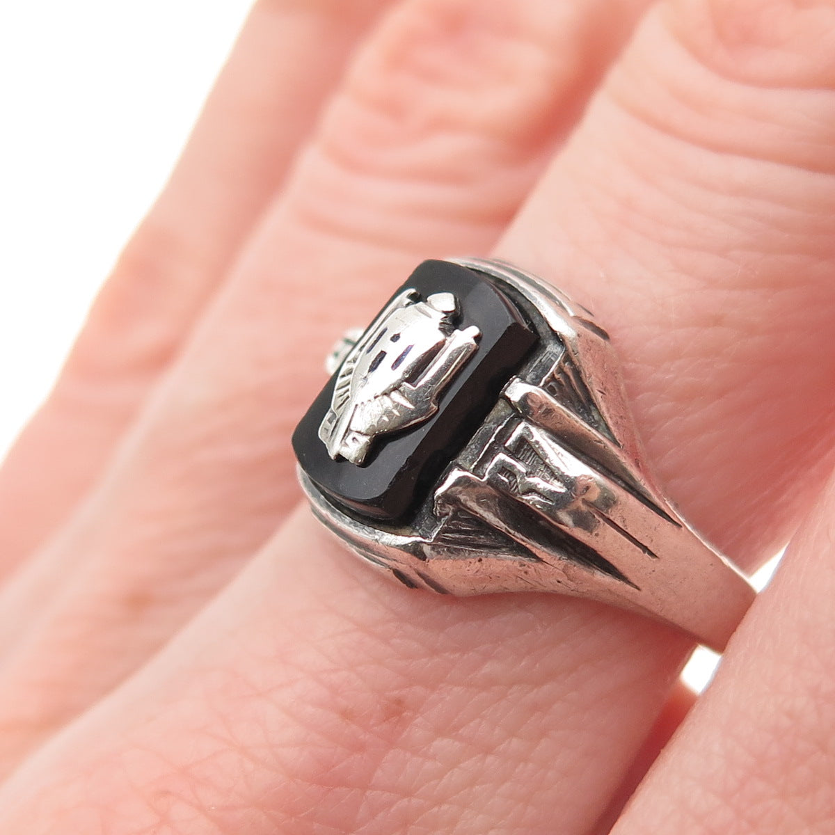 JOSTENS 925 Sterling Silver Antique 1937 Real Black Onyx School Ring Size 7