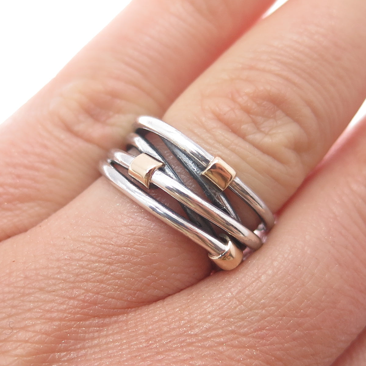 14K Gold 925 Sterling Silver Vintage Modernist Crisscross Ring Size 6.25