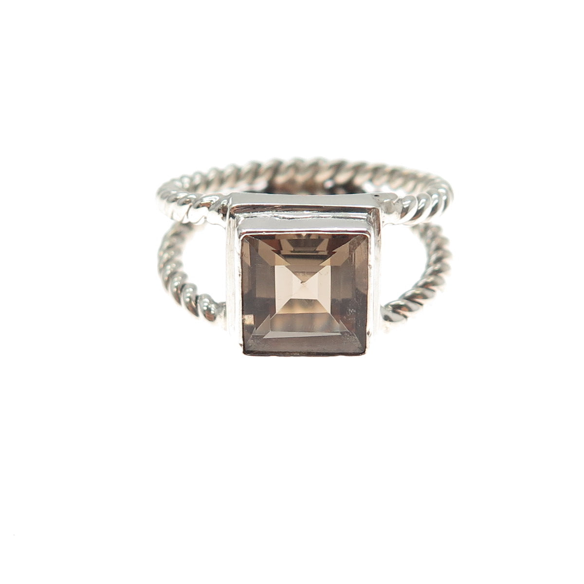 IROSE 925 Sterling Silver Vintage Real Smoky Quartz 2-Row Ring Size 9