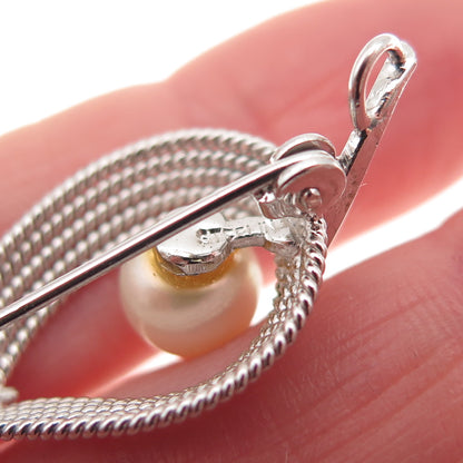 925 Sterling Silver Antique Art Deco Real Pearl Floral Pin Brooch