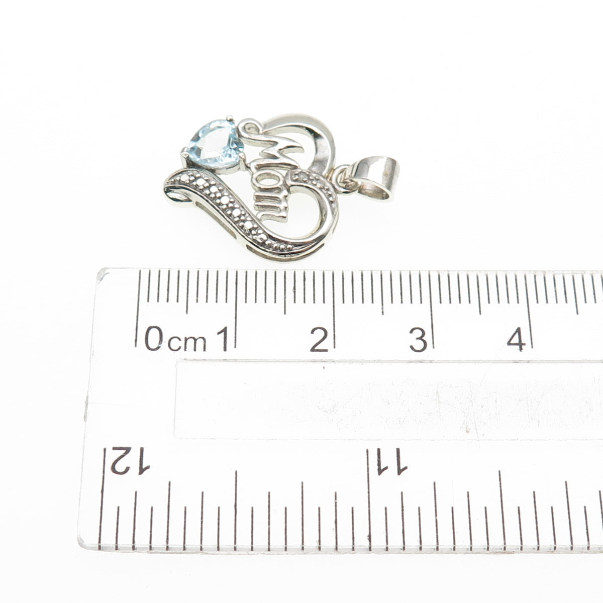 925 Sterling Silver Real Diamond Accent & Blue Topaz Mom Heart Charm Pendant