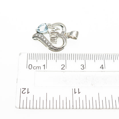 925 Sterling Silver Real Diamond Accent & Blue Topaz Mom Heart Charm Pendant