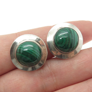 925 Sterling Silver Vintage Real Malachite Gemstone Clip On Earrings