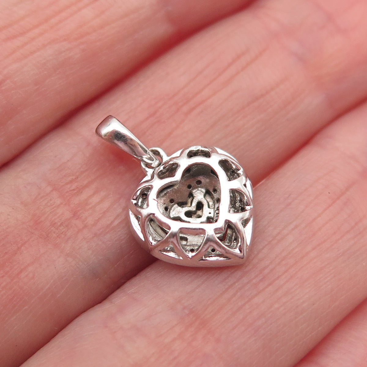 925 Sterling Silver Real Round-Cut Diamond Heart Mini Charm Pendant