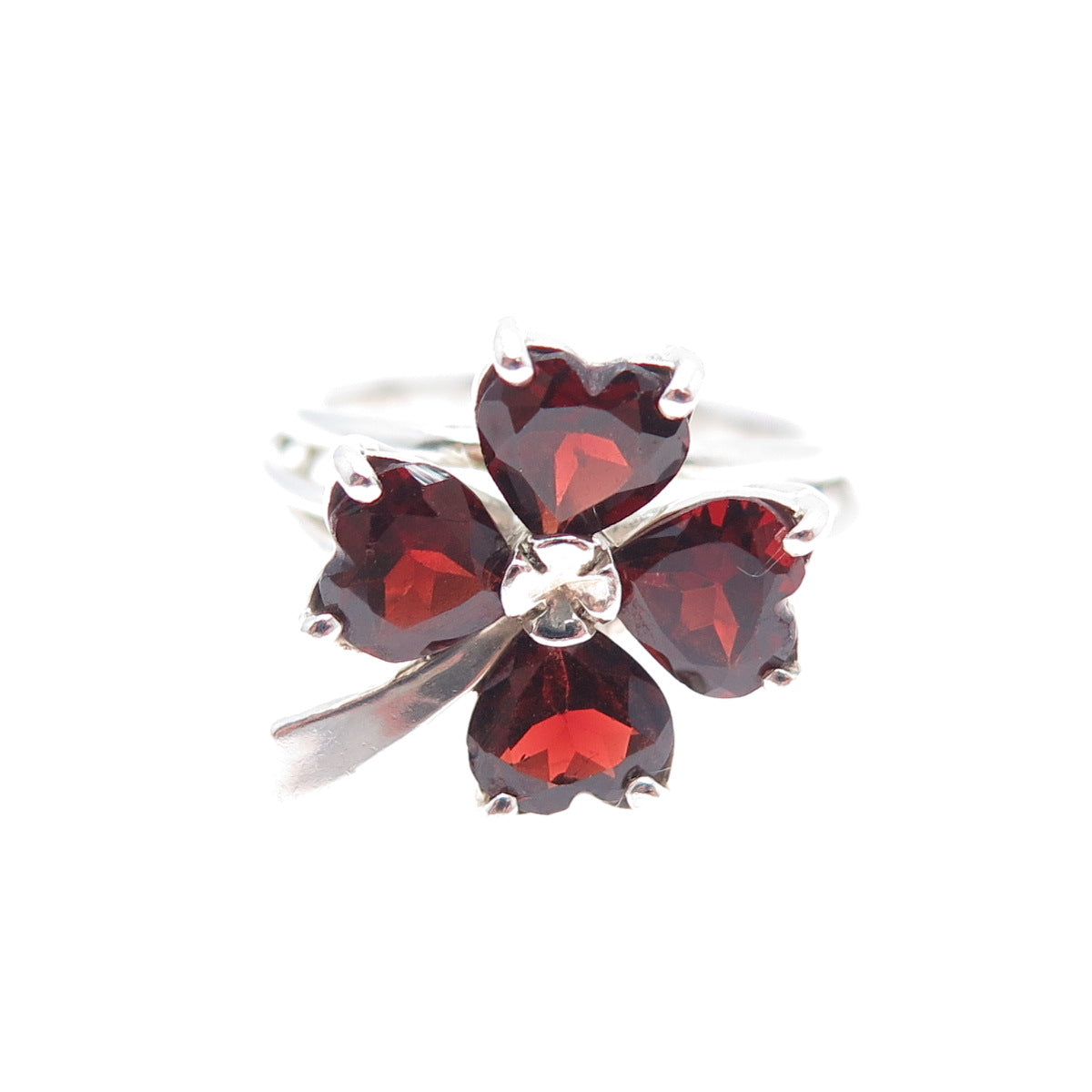 MONICA JAIN Sterling Silver Vintage Real Heart-Cut Garnet Clover Ring Size 6.25