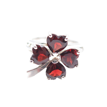 MONICA JAIN Sterling Silver Vintage Real Heart-Cut Garnet Clover Ring Size 6.25