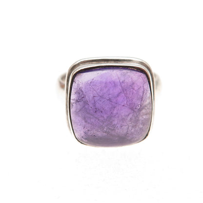 925 Sterling Silver Vintage Real Amethyst Modernist Oxidized Ring Size 6.75
