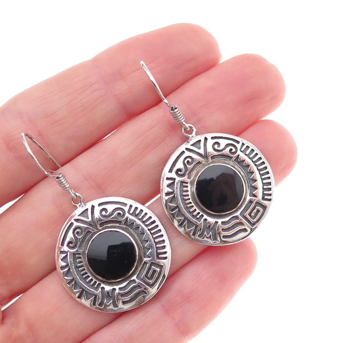 Boma 925 Sterling Silver Vintage Real Black Onyx Ethnic Oxidized Dangle Earrings