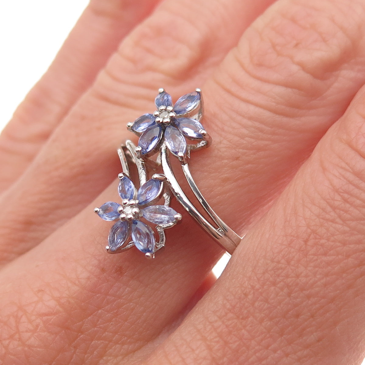 Chuck Clemency 925 Sterling Silver Real Diamond Tanzanite Floral Ring Size 8.25