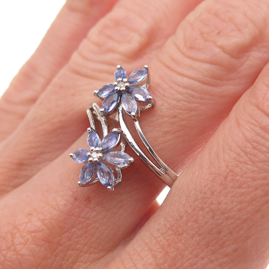 Chuck Clemency 925 Sterling Silver Real Diamond Tanzanite Floral Ring Size 8.25