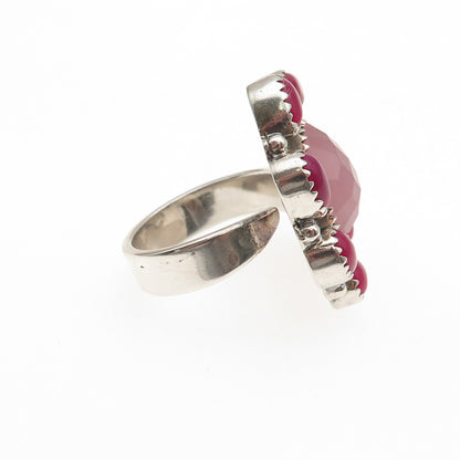 925 Sterling Silver Vintage Real Rose Quartz Pink Onyx Adjustable Ring Size 8.25