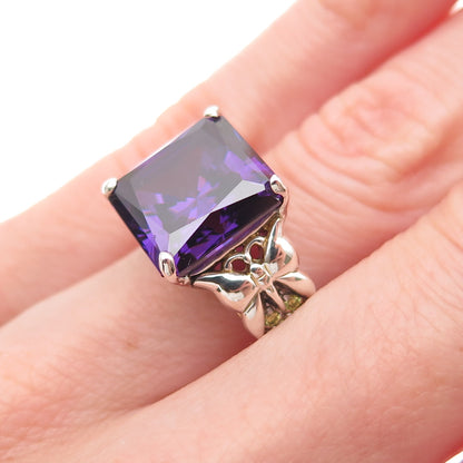 925 Sterling Silver Vintage Real Amethyst & Peridot Butterfly Ring Size 5.25