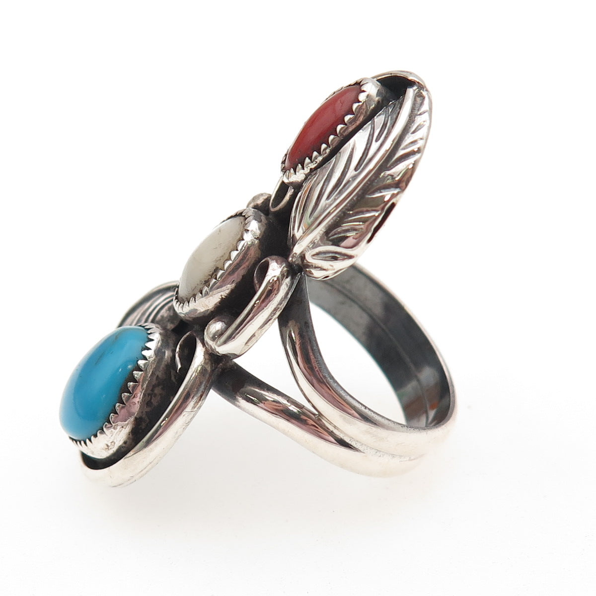 Wilbur Anderson Navajo Old Pawn 925 Sterling Turquoise Coral MOP Ring Size 10.75