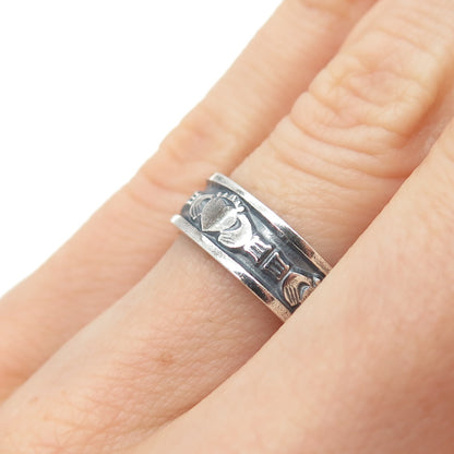 925 Sterling Silver Vintage CHJ Dublin Irish Claddagh Oxidized Band Ring Size 6