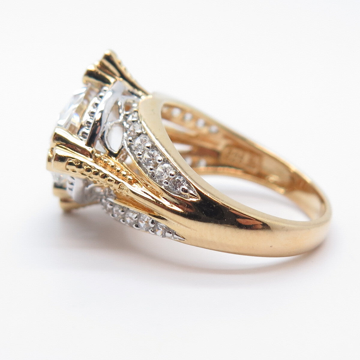 925 Sterling Silver Gold Plated C Z Wide Ring Size 6