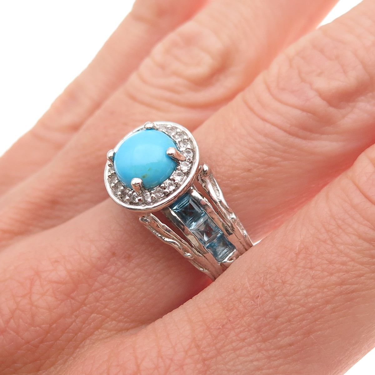 Chuck Clemency 925 Sterling Real Turquoise Blue & White Topaz Ring Size 8.25