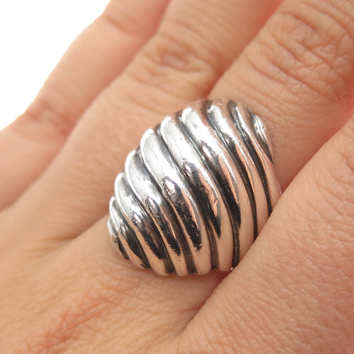925 Sterling Silver Vintage Mexico Modernist Ribbed Oxidized Ring Size 8.75