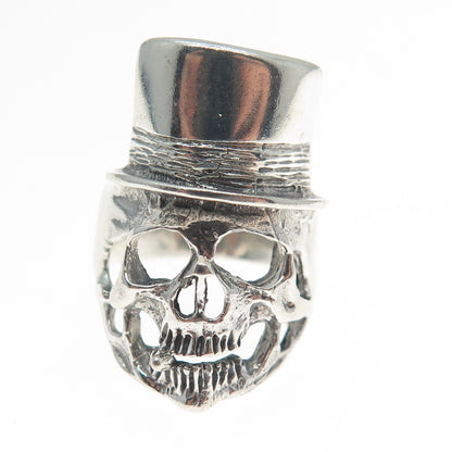925 Sterling Silver Vintage Skull & Hat Oxidized Biker Ring Size 7.25