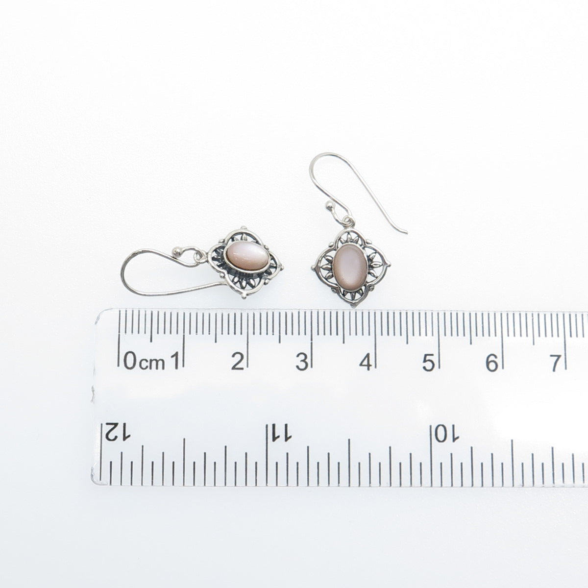 925 Sterling Silver Vintage Real Mother-of-Pearl Flower Dangle Earrings