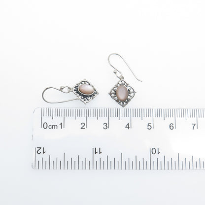 925 Sterling Silver Vintage Real Mother-of-Pearl Flower Dangle Earrings