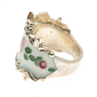 Joseph Esposito Sterling Silver Gold Plated Antique Enamel Floral Ring Size 6.25