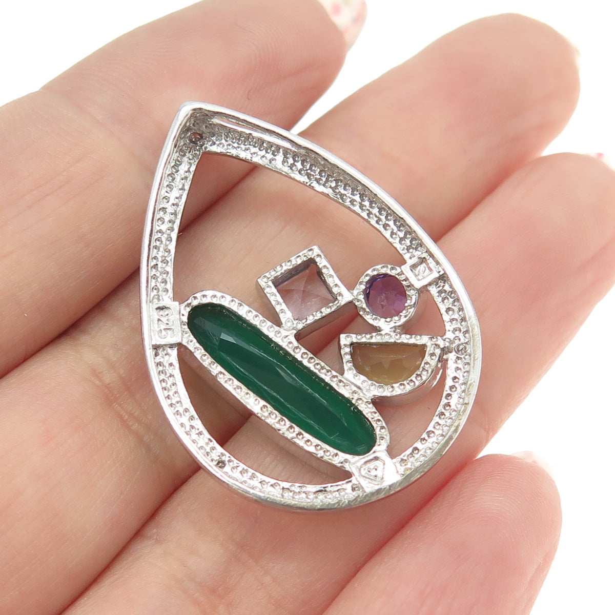 925 Sterling Silver Real Diamond Accent Green Onyx Amethyst Citrine Gem Pendant